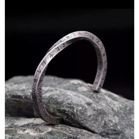 Mens Norse Viking Twisted Runes Stainless Steel Hammered Torc Bangle Bracelet